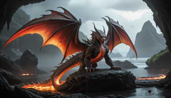 HQ,solo,open mouth,red eyes,tail,outdoors,wings,horns,sky,teeth,cloud,water,no humans,glowing,cloudy sky,fire,sharp teeth,scenery,glowing eyes,claws,monster,rock,mountain,fantasy,dragon,dragon tail,scales,river,dragon wings,cliff,cave,breathing fire,molten rock,day,spikes,kaijuu