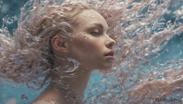 1girl, solo, blue eyes, blonde hair, parted lips, water, from side, lips, profile, portrait, freckles, underwater, realistic, nose