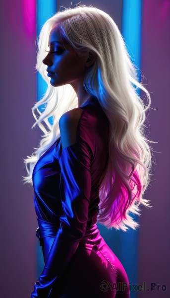 1girl,solo,long hair,breasts,blonde hair,long sleeves,bare shoulders,closed mouth,closed eyes,ass,white hair,multicolored hair,cowboy shot,pants,artist name,off shoulder,from side,lips,profile,makeup,colored skin,wavy hair,nose,dress,medium breasts,standing,pink hair,small breasts,signature,dark skin,dark-skinned female,clothing cutout,gradient hair,shadow,lipstick,eyeshadow,backlighting,shoulder cutout,blue lips,sidelighting