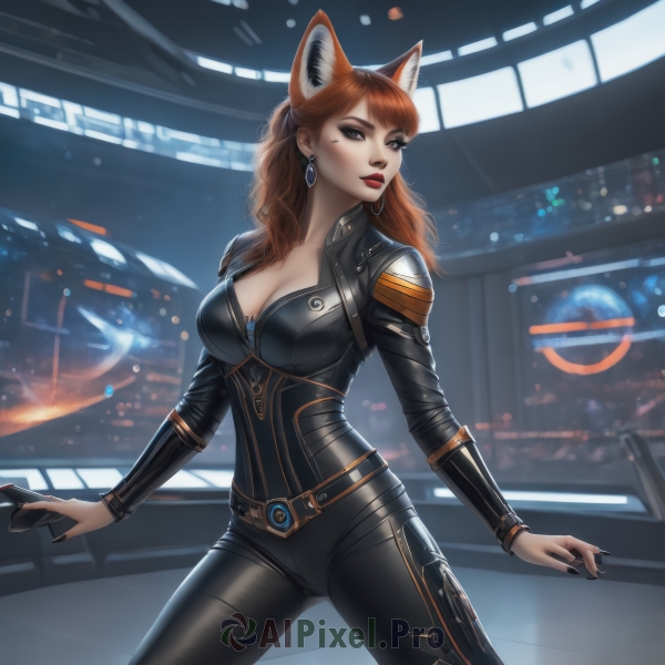 1girl,solo,long hair,breasts,looking at viewer,bangs,large breasts,brown hair,long sleeves,holding,animal ears,cleavage,brown eyes,jewelry,medium breasts,standing,cowboy shot,earrings,belt,artist name,indoors,cat ears,nail polish,orange hair,mole,lips,fox ears,bodysuit,makeup,mask,lipstick,black nails,skin tight,eyeshadow,zipper,legs apart,hoop earrings,black bodysuit,red lips,eyeliner,red hair,fox girl,realistic