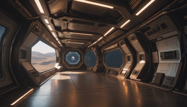 sky,no humans,window,scenery,reflection,science fiction,mountain,space,planet,spacecraft,cockpit,seat,cloud,robot,star (sky),mecha,machinery,realistic