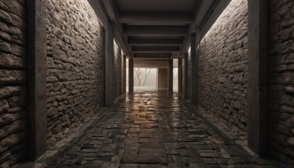 outdoors,day,indoors,tree,dutch angle,no humans,window,sunlight,scenery,stairs,door,wall,brick wall,pillar,arch,stone floor,monochrome,wooden floor,pavement,stone wall,brick floor