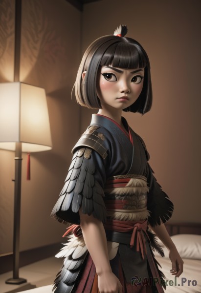 1girl,solo,looking at viewer,blush,short hair,bangs,black hair,hair ornament,brown eyes,closed mouth,standing,japanese clothes,indoors,blunt bangs,kimono,armor,black eyes,lips,looking to the side,pillow,sash,bed,on bed,obi,bob cut,feathers,tassel,nose,lamp,feather hair ornament,black kimono,bedroom,topknot,cowboy shot,feather trim