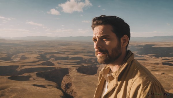 solo,short hair,shirt,black hair,1boy,closed mouth,jacket,white shirt,upper body,male focus,outdoors,sky,day,collared shirt,cloud,black eyes,blue sky,looking to the side,facial hair,beach,beard,brown jacket,realistic,sand,stubble,desert,brown hair,brown eyes,dark skin,dark-skinned male,cloudy sky,scenery,sideburns,brown theme