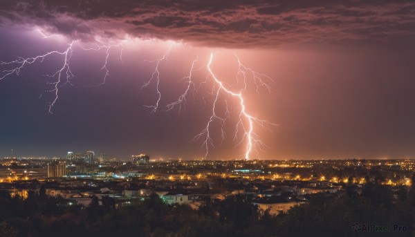 outdoors,sky,cloud,no humans,night,cloudy sky,building,scenery,sunset,city,horizon,electricity,cityscape,river,skyscraper,lightning,landscape,city lights,skyline,water,tree,ocean,night sky,dark,lights