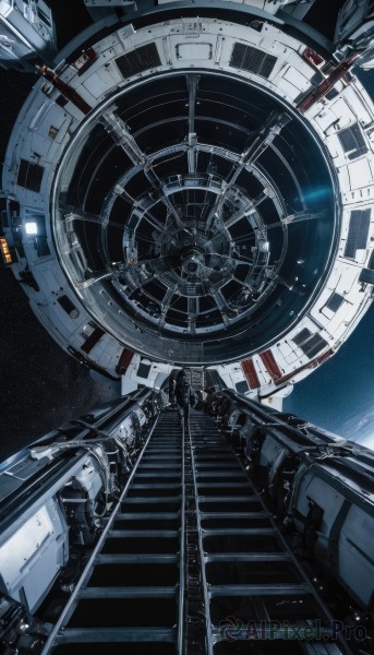 solo,sky,signature,no humans,from below,star (sky),scenery,starry sky,science fiction,stairs,space,planet,spacecraft,spacesuit,1girl,long hair,standing,machinery,wide shot,astronaut