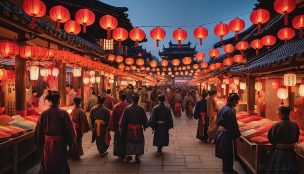 short hair,multiple girls,brown hair,black hair,standing,outdoors,japanese clothes,multiple boys,sky,kimono,from behind,sash,night,6+girls,obi,sandals,building,night sky,scenery,walking,6+boys,yukata,lantern,facing away,road,architecture,east asian architecture,paper lantern,crowd,festival,people,pavement,summer festival,food stand,male focus,day,blue sky,hakama