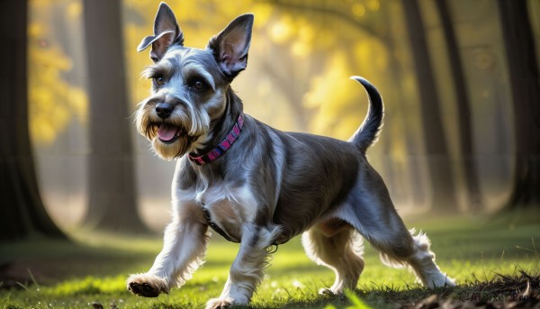 HQ,solo,looking at viewer,open mouth,standing,full body,outdoors,day,tongue,artist name,signature,tongue out,blurry,collar,tree,no humans,depth of field,blurry background,animal,sunlight,grass,nature,forest,dog,realistic,animal focus,brown eyes,fangs,animal collar