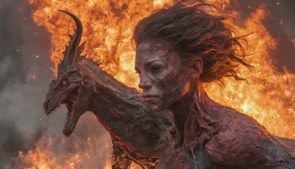 A male amidst a vivid fiery smoke