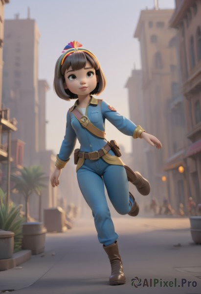 1girl,solo,breasts,short hair,bangs,brown hair,black hair,long sleeves,brown eyes,closed mouth,standing,full body,hairband,small breasts,boots,outdoors,parted lips,sky,solo focus,day,belt,pants,artist name,signature,blurry,uniform,blue sky,lips,looking to the side,depth of field,blurry background,brown footwear,leg up,bob cut,standing on one leg,blue shirt,plant,building,walking,running,pouch,city,blue pants,potted plant,brown belt,road,belt pouch,street,town,smile,jacket,child,utility belt