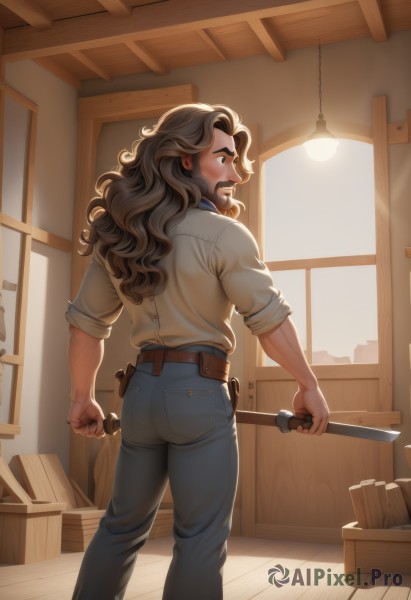 solo,long hair,brown hair,shirt,1boy,holding,brown eyes,standing,white shirt,weapon,ass,male focus,belt,pants,indoors,from behind,holding weapon,window,muscular,feet out of frame,facial hair,wavy hair,thick eyebrows,knife,denim,box,beard,sleeves rolled up,curly hair,jeans,wooden floor,mustache,holding knife,brown belt,dagger,tight,wood,artist name,profile,watermark,black pants,backlighting,hammer,holding hammer