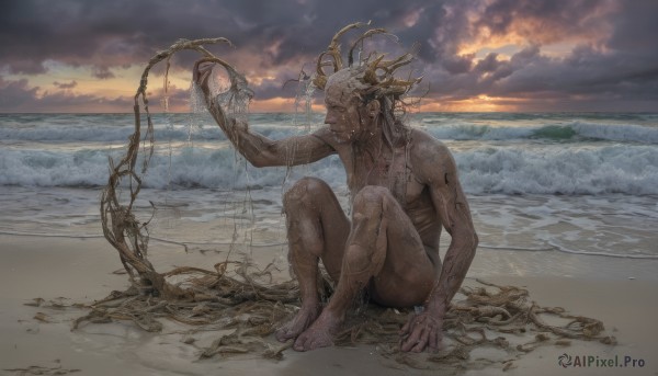 solo,black hair,1boy,holding,sitting,closed mouth,full body,closed eyes,male focus,nude,outdoors,horns,sky,barefoot,cloud,dark skin,water,fingernails,wet,completely nude,ocean,beach,cloudy sky,sunset,sand,horizon,on ground,teeth,crying,monster,dirty,shore