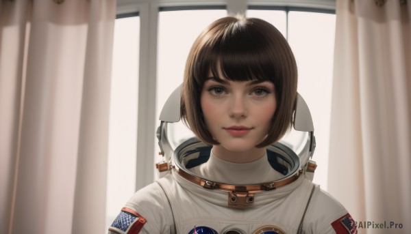 1girl,solo,looking at viewer,smile,short hair,bangs,brown hair,brown eyes,closed mouth,upper body,indoors,lips,window,bob cut,helmet,curtains,portrait,realistic,straight-on,american flag,spacesuit,space helmet,astronaut,makeup,backlighting,science fiction,nose