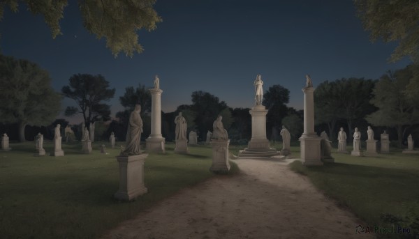 outdoors,sky,tree,no humans,night,grass,star (sky),night sky,scenery,starry sky,bush,pillar,statue,tombstone,path,day,blue sky,stone lantern