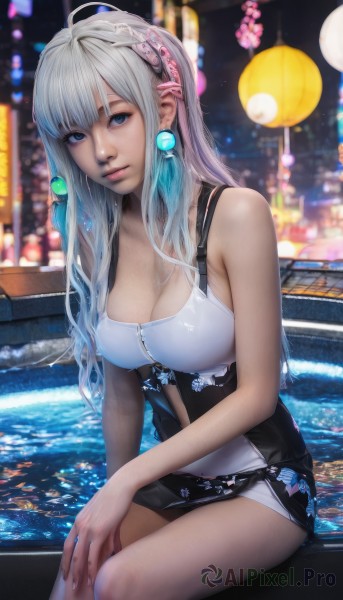 1girl,solo,long hair,breasts,looking at viewer,bangs,blue eyes,large breasts,hair ornament,dress,cleavage,bare shoulders,jewelry,medium breasts,sitting,closed mouth,collarbone,swimsuit,white hair,grey hair,thighs,earrings,sleeveless,water,blurry,lips,bare arms,clothing cutout,night,depth of field,blurry background,short dress,realistic,nose,pool,ahoge,hairband,outdoors,artist name,one-piece swimsuit,watermark,web address,science fiction