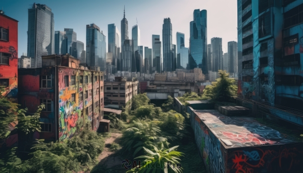 outdoors,sky,day,tree,blue sky,no humans,window,plant,building,scenery,city,road,cityscape,street,skyscraper,graffiti,real world location