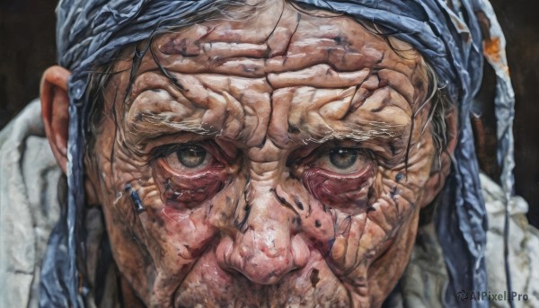 solo,looking at viewer,1boy,brown eyes,jewelry,male focus,earrings,blurry,black eyes,scar,piercing,portrait,close-up,veins,realistic,bald,old,old man,old woman,wrinkled skin,black hair,blood,facial hair,mustache