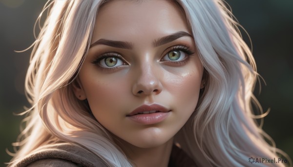 1girl,solo,long hair,looking at viewer,blonde hair,jewelry,green eyes,white hair,earrings,parted lips,teeth,artist name,blurry,lips,eyelashes,depth of field,blurry background,thick eyebrows,portrait,close-up,forehead,freckles,realistic,nose,stud earrings,bangs,makeup,watermark,backlighting