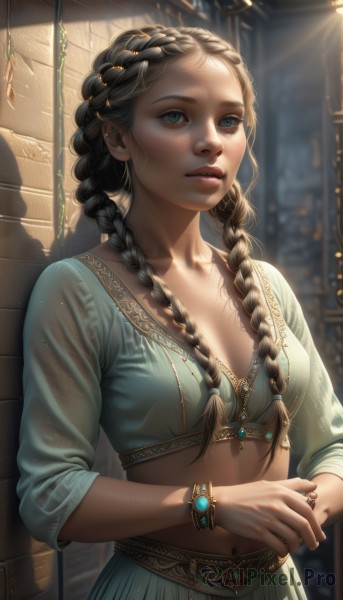 1girl,solo,long hair,breasts,looking at viewer,blue eyes,skirt,brown hair,shirt,black hair,long sleeves,navel,cleavage,jewelry,medium breasts,collarbone,upper body,braid,small breasts,parted lips,day,midriff,artist name,indoors,signature,necklace,blurry,twin braids,bracelet,lips,crop top,eyelashes,blurry background,shadow,watermark,looking away,piercing,sunlight,ring,own hands together,looking up,green skirt,gem,hair over shoulder,forehead,freckles,realistic,nose,green shirt,looking afar,wall,dappled sunlight,sleeves past elbows,sidelighting,multiple braids,see-through,ear piercing,watch,patreon username,wristwatch,crown braid,navel piercing,gold,multiple rings,gold chain,eyebrow piercing