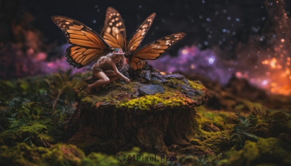 1girl,long hair,breasts,hair ornament,1boy,sitting,nipples,ass,flower,hetero,nude,outdoors,wings,barefoot,blurry,kneeling,night,grass,bug,butterfly,scenery,antennae,fairy,butterfly wings,solo,dress,tree,nature