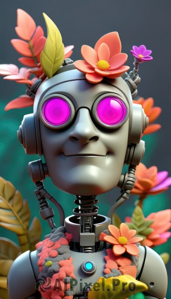 solo,looking at viewer,smile,hair ornament,purple eyes,upper body,flower,hair flower,blurry,no humans,leaf,robot,red flower,portrait,mecha,pink flower,science fiction,cable,humanoid robot,non-humanoid robot,1boy,closed mouth,glasses,artist name,blurry background,facing viewer,android,joints,straight-on,robot joints