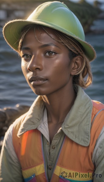 solo,looking at viewer,smile,brown hair,shirt,1boy,hat,brown eyes,white shirt,upper body,male focus,outdoors,parted lips,teeth,day,collared shirt,dark skin,water,blurry,vest,lips,blurry background,dark-skinned male,freckles,realistic,nose,green headwear,depth of field