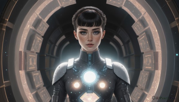 1girl,solo,breasts,looking at viewer,short hair,bangs,blue eyes,black hair,upper body,braid,parted lips,blunt bangs,hair bun,armor,lips,grey eyes,bodysuit,makeup,glowing,freckles,science fiction,realistic,nose,black bodysuit,crown braid,space,straight-on,neon trim,small breasts,shoulder armor,light particles,backlighting,pauldrons,shoulder pads