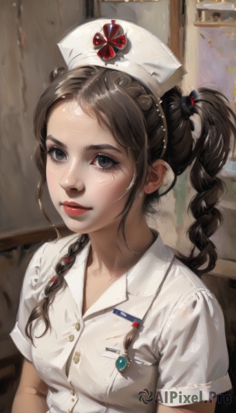 1girl,solo,long hair,breasts,looking at viewer,brown hair,shirt,black hair,hat,twintails,jewelry,white shirt,upper body,braid,short sleeves,earrings,parted lips,indoors,black eyes,twin braids,lips,grey eyes,single braid,makeup,buttons,white headwear,lipstick,pocket,realistic,nose,nurse cap,hair tie,red lips,nurse,breast pocket,bangs,brown eyes,sidelocks,eyelashes