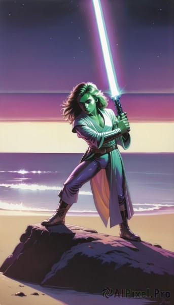 1girl,solo,long hair,breasts,looking at viewer,black hair,holding,cleavage,medium breasts,green eyes,standing,full body,weapon,boots,outdoors,green hair,sky,pants,sword,signature,holding weapon,night,glowing,colored skin,ocean,beach,holding sword,star (sky),starry sky,rock,sand,green skin,animification,energy sword,lightsaber,medium hair,water,parody,science fiction,fighting stance,horizon,retro artstyle,no pupils,cyborg,alien