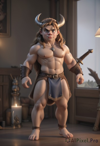 solo,long hair,looking at viewer,brown hair,1boy,navel,brown eyes,jewelry,nipples,standing,full body,weapon,male focus,thighs,horns,barefoot,sword,indoors,necklace,stomach,armor,muscular,blurry background,facial hair,frown,thick thighs,abs,thick eyebrows,pectorals,muscular male,bara,pelvic curtain,large pectorals,bulge,topless male,mature male,cow horns,candle,fake horns,bare pectorals,chest hair,loincloth,navel hair,horned helmet,cow boy,tooth necklace,sheathed,realistic,lamp,painting (object),arm hair