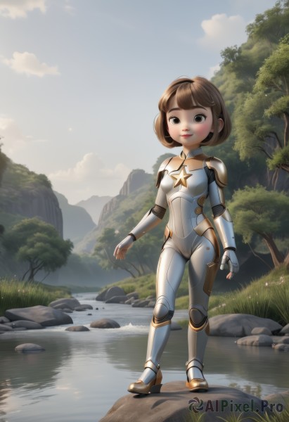 1girl,solo,breasts,short hair,bangs,brown hair,gloves,brown eyes,closed mouth,standing,full body,hairband,small breasts,outdoors,sky,day,cloud,blunt bangs,fingerless gloves,water,star (symbol),armor,tree,lips,bodysuit,grass,shoulder armor,nature,scenery,forest,pauldrons,breastplate,rock,river,stream,looking at viewer,blush,smile,black eyes,reflection,white bodysuit,lake