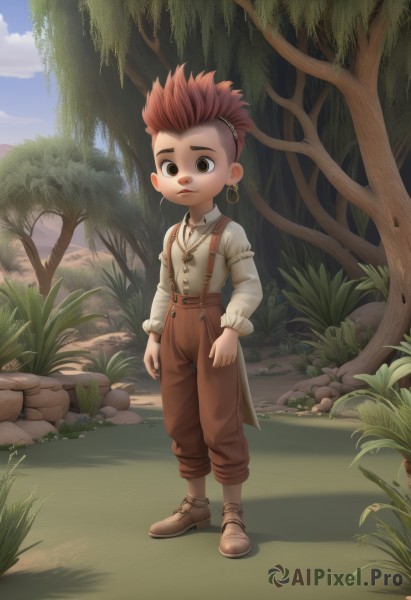 solo,looking at viewer,short hair,shirt,long sleeves,1boy,brown eyes,jewelry,closed mouth,standing,full body,white shirt,male focus,red hair,earrings,boots,outdoors,sky,shoes,day,pants,cloud,necklace,tree,blue sky,shadow,brown footwear,suspenders,grass,spiked hair,child,nature,forest,rock,male child,brown pants,plant