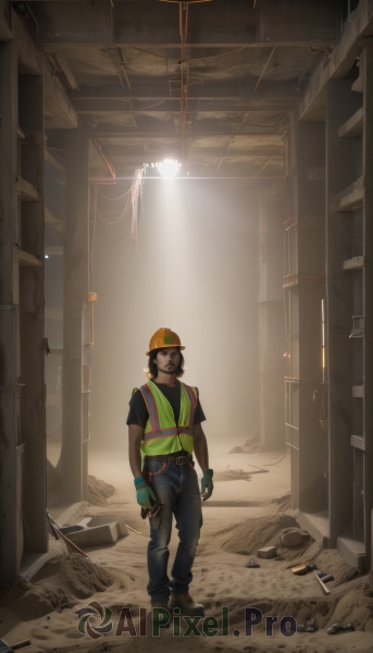 solo,brown hair,shirt,black hair,gloves,1boy,hat,standing,full body,male focus,shoes,belt,pants,fingerless gloves,bag,vest,facial hair,backpack,denim,baseball cap,beard,realistic,green gloves,hardhat,short sleeves,helmet,green shirt,ruins,alley