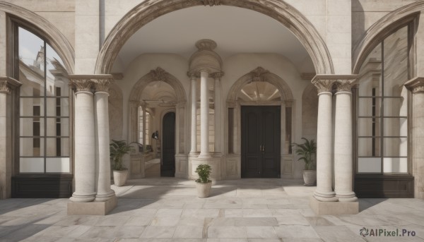 outdoors,day,indoors,no humans,window,shadow,plant,scenery,stairs,door,potted plant,pillar,arch,column,sky,sunlight,building,architecture