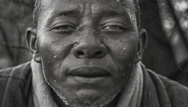 solo,looking at viewer,short hair,1boy,closed mouth,jacket,monochrome,greyscale,male focus,blurry,wet,blurry background,facial hair,scar,portrait,beard,scar on face,close-up,mature male,realistic,scar across eye,stubble,very short hair,buzz cut,shirt,sweat,half-closed eyes