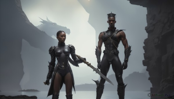 1girl,breasts,short hair,gloves,1boy,holding,bare shoulders,standing,weapon,boots,outdoors,sword,dark skin,holding weapon,armor,dark-skinned female,bodysuit,muscular,glowing,holding sword,dark-skinned male,helmet,shoulder armor,gauntlets,monster,breastplate,dragon,black bodysuit,bald,very short hair,buzz cut,blue eyes,brown hair,red eyes,facial hair,glowing eyes,pauldrons,vambraces,ruins