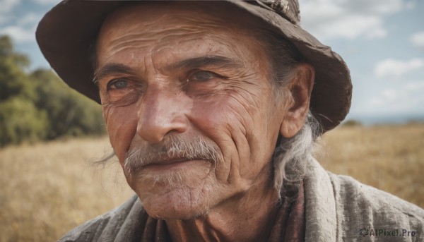 solo,looking at viewer,blue eyes,1boy,hat,closed mouth,white hair,grey hair,male focus,outdoors,sky,day,cloud,blurry,blue sky,blurry background,facial hair,portrait,beard,realistic,mustache,brown headwear,manly,old,old man,cowboy hat,tree,grey eyes,scar,close-up