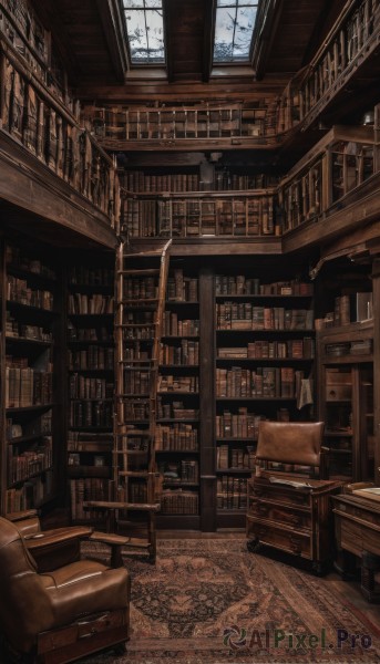 indoors,tree,book,no humans,window,chair,table,scenery,couch,wooden floor,bookshelf,shelf,book stack,library,ceiling,ladder,carpet,day,cloud,lamp,armchair,rug,chandelier