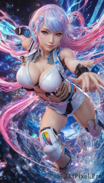 1girl,solo,long hair,breasts,looking at viewer,smile,bangs,blue eyes,large breasts,hair ornament,thighhighs,navel,cleavage,very long hair,blue hair,pink hair,multicolored hair,boots,shorts,midriff,water,two-tone hair,lips,short shorts,gradient hair,wristband,purple eyes,one side up,science fiction,realistic,space