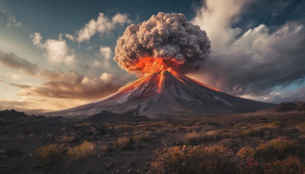 outdoors, sky, cloud, no humans, cloudy sky, fire, nature, scenery, mountain, field, explosion, landscape