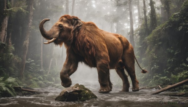 solo,standing,tail,outdoors,horns,day,water,tree,no humans,animal,sunlight,nature,scenery,forest,rock,realistic,animal focus,tusks,boar,wood,plant