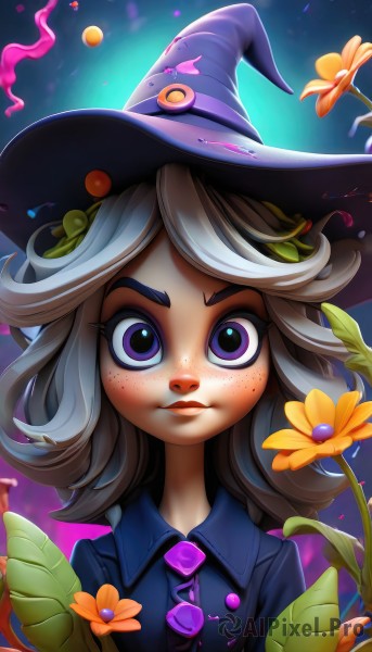 1girl,solo,long hair,looking at viewer,smile,bangs,shirt,hat,closed mouth,purple eyes,upper body,flower,white hair,grey hair,collared shirt,artist name,medium hair,makeup,witch hat,buttons,leaf,thick eyebrows,blue shirt,freckles,yellow flower,witch,blue eyes,hair ornament,necktie,lips,watermark,portrait,web address,nose,purple necktie