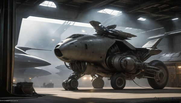 HQ,artist name,indoors,signature,military,no humans,window,watermark,robot,ground vehicle,mecha,smoke,machinery,flying,science fiction,realistic,aircraft,military vehicle,airplane,vehicle focus,spacecraft,lights,airship,scenery,motor vehicle,cable,jet,cockpit