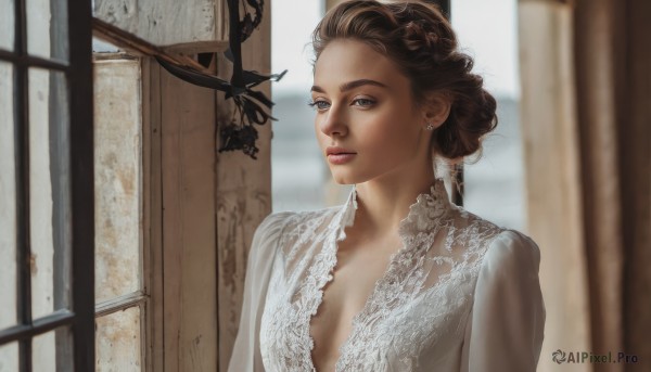 1girl,solo,long hair,breasts,looking at viewer,blue eyes,brown hair,dress,cleavage,jewelry,upper body,braid,earrings,small breasts,parted lips,indoors,hair bun,white dress,blurry,lips,window,blurry background,realistic,nose,closed mouth,day,single hair bun