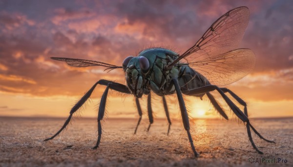 outdoors, wings, sky, cloud, blurry, no humans, ocean, animal, cloudy sky, bug, sunset, realistic, antennae, sun, horizon