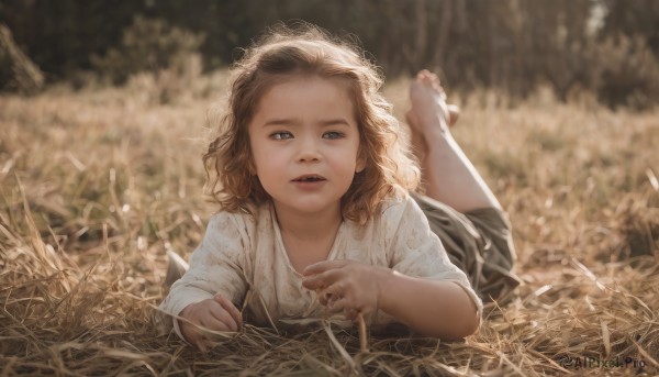 1girl,solo,long hair,looking at viewer,blonde hair,brown hair,outdoors,lying,parted lips,barefoot,teeth,blurry,feet,lips,toes,depth of field,blurry background,soles,grass,on stomach,child,nature,forehead,curly hair,realistic,female child,dirty,feet up,the pose,open mouth,blue eyes,skirt,shirt,white shirt,pants,upper teeth only,legs up,on ground