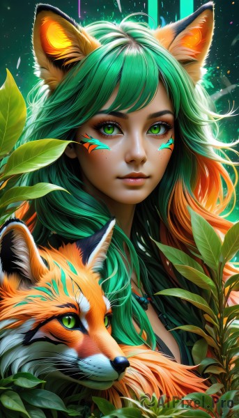 1girl,solo,long hair,breasts,looking at viewer,bangs,animal ears,cleavage,jewelry,closed mouth,green eyes,upper body,multicolored hair,green hair,artist name,cat ears,necklace,orange hair,two-tone hair,lips,animal ear fluff,fox ears,eyelashes,gradient hair,makeup,animal,leaf,watermark,facial mark,plant,slit pupils,portrait,eyeshadow,freckles,nose,whisker markings,fox,tiger,web address,facepaint