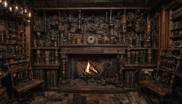 solo,sitting,indoors,book,no humans,window,chair,table,scenery,lantern,wooden floor,stairs,clock,bookshelf,lamp,candle,shelf,gears,cage,ladder,chandelier,steampunk,loaded interior,1girl,weapon,sword,shield