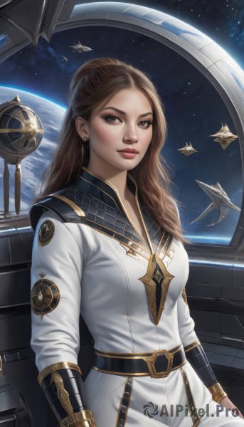 1girl,solo,long hair,breasts,looking at viewer,brown hair,brown eyes,jewelry,medium breasts,sitting,earrings,parted lips,belt,hair bun,uniform,lips,makeup,single hair bun,lipstick,star (sky),science fiction,realistic,nose,red lips,stud earrings,space,planet,earth (planet),spacecraft,military,window,military uniform,emblem