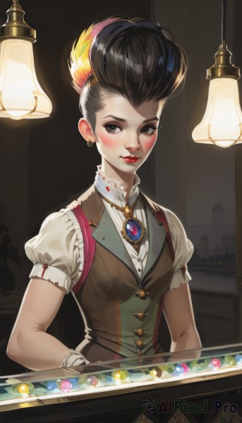 1girl,solo,breasts,looking at viewer,blush,short hair,shirt,black hair,gloves,brown eyes,jewelry,closed mouth,white shirt,upper body,short sleeves,multicolored hair,earrings,small breasts,frills,puffy sleeves,necklace,black eyes,vest,puffy short sleeves,lips,looking to the side,eyelashes,makeup,buttons,looking away,table,lipstick,brooch,gem,high collar,lantern,nose,red lips,lamp,brown vest,green gemstone,diamond (gemstone),indoors